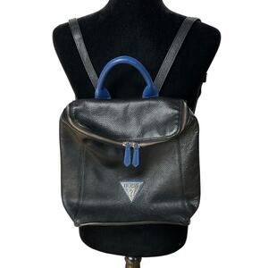 Guess Backpack Black Blue Pebbled Leather Silver Metal Logo Bag 10"x11.75"x4"